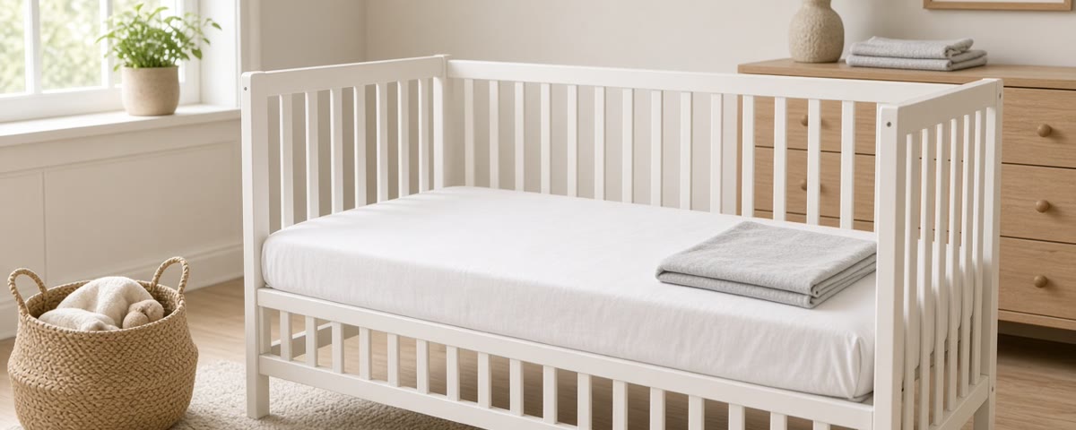 Lit à barreaux blanc dans une chambre de bébé lumineuse, matelas recouvert d’une alèse blanche et drap housse gris plié dessus