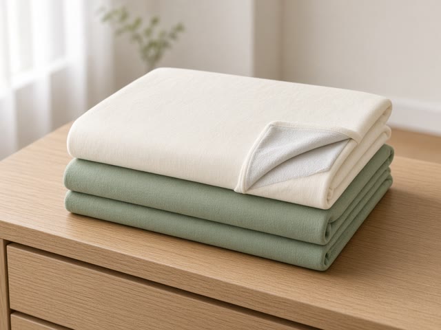 Deux draps housse bébé pliés, l’un écru et l’autre vert sauge, avec la doublure imperméable visible sur un coin