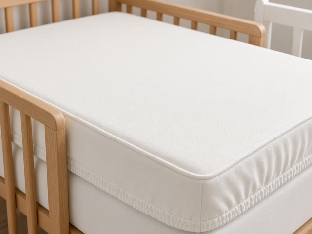 Protège-matelas bébé fin en tissu blanc respirant ajusté sur un matelas dans un lit à barreaux en bois clair