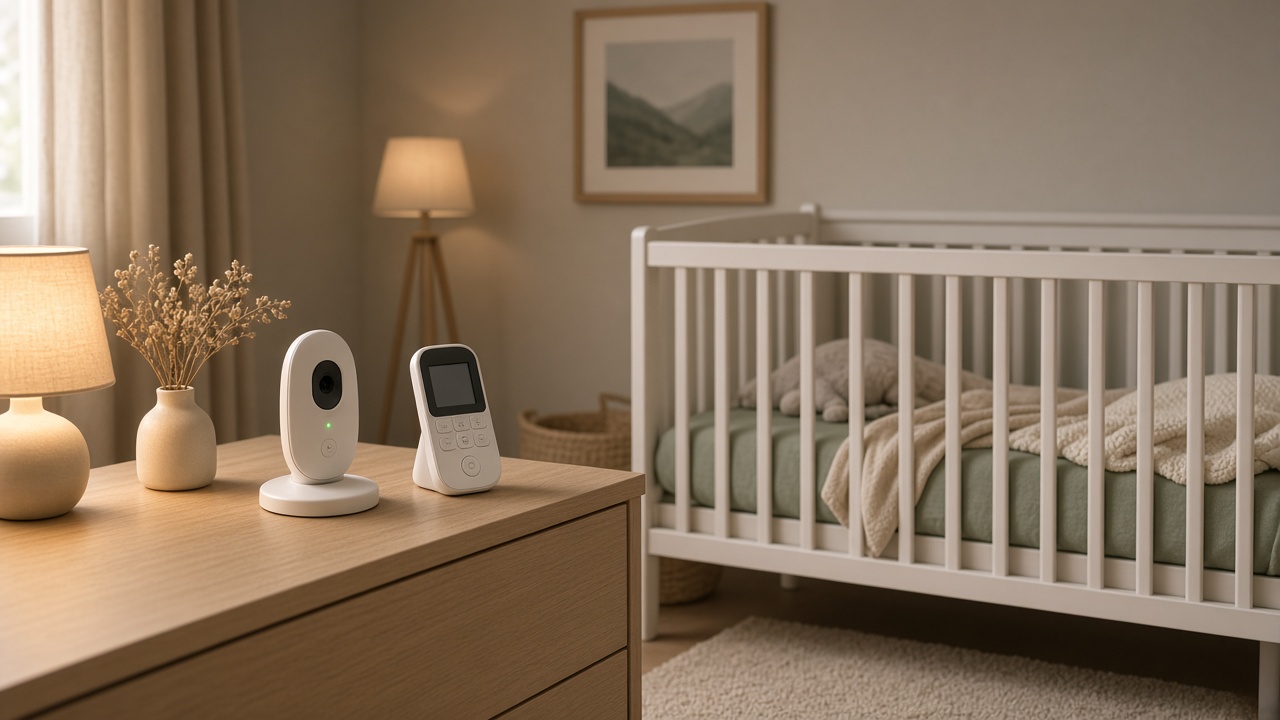 Chambre de bébé apaisante le soir avec babyphone et unité parent posés sur une commode près du lit à barreaux