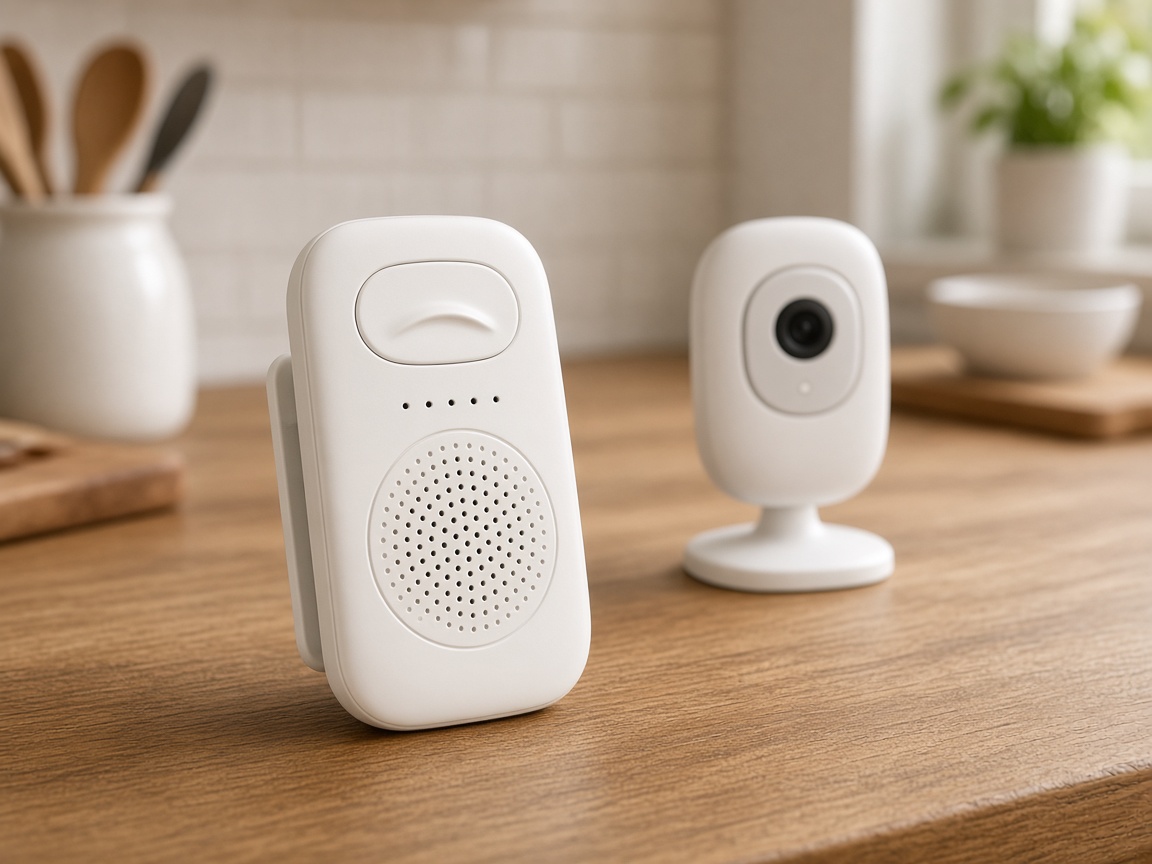Babyphone simple avec unité parent à clip ceinture posée sur un plan de travail en bois