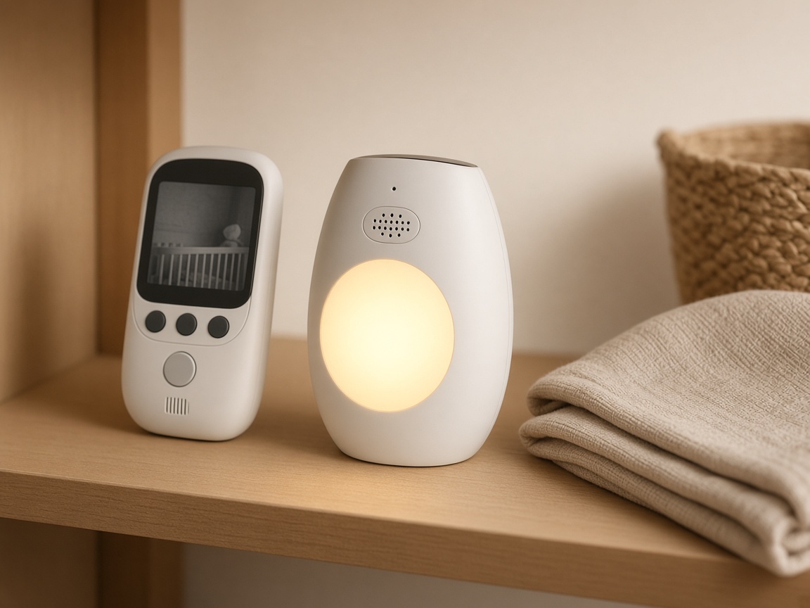Babyphone vidéo à petit écran et unité bébé avec veilleuse douce sur une étagère de chambre