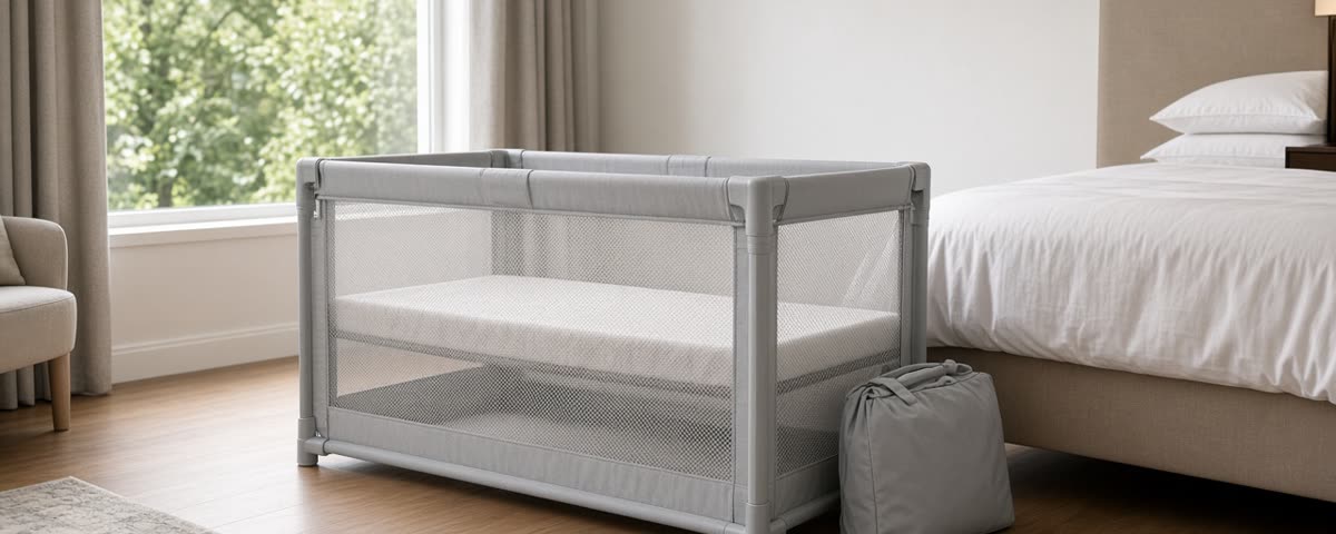Lit parapluie gris à parois en filet installé près de la fenêtre dans une chambre d’hôtel lumineuse, avec son sac de transport à côté