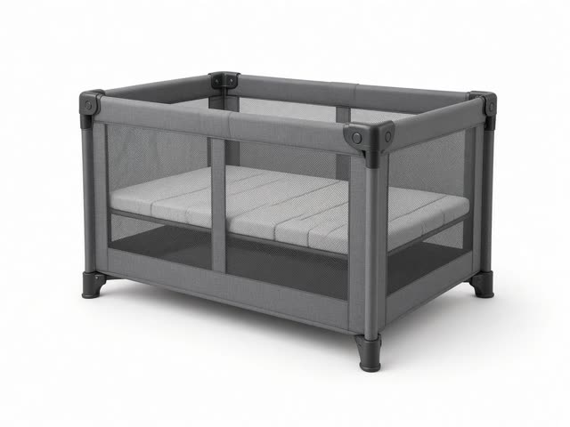 Lit parapluie bébé gris foncé à parois en filet respirant avec un fond de couchage gris clair, sur fond blanc