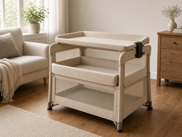Lit parapluie beige avec réhausseur intérieur et table à langer clipsée sur le dessus dans un salon chaleureux