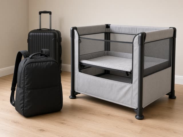 Lit de voyage bébé gris léger à parois en filet déplié à côté de son sac de transport noir et d’une valise