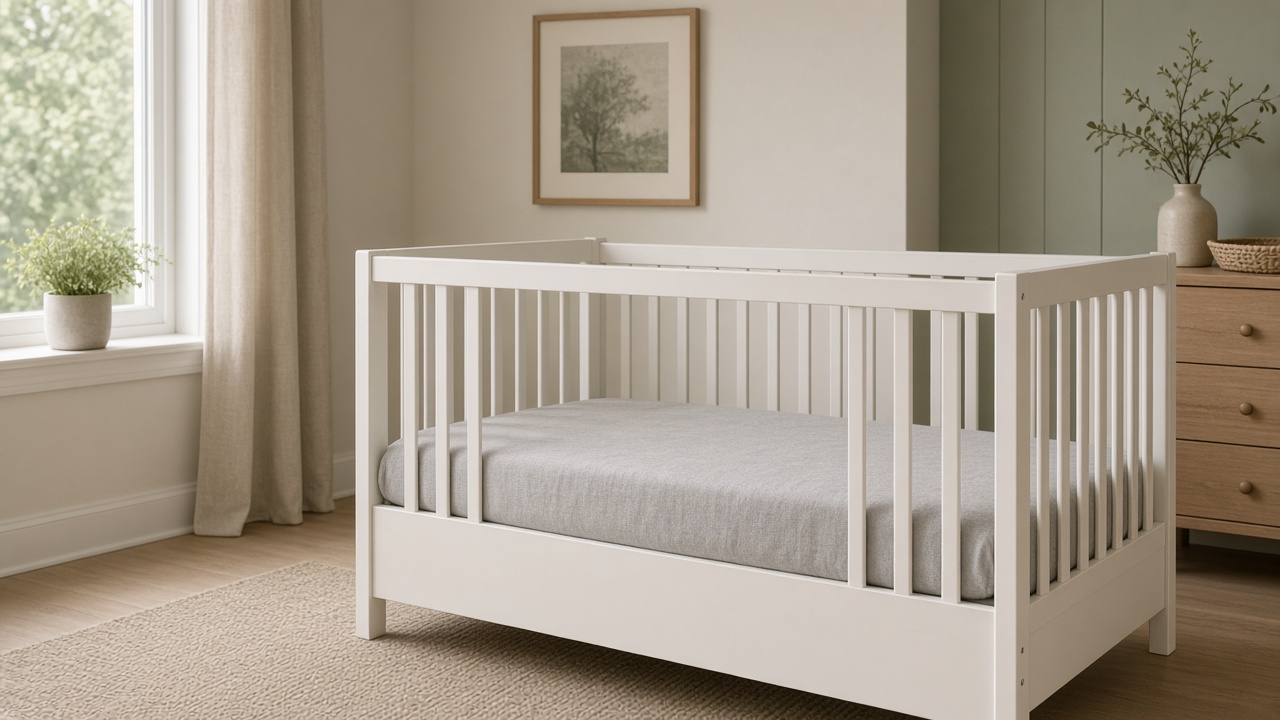 Chambre de bébé lumineuse avec lit à barreaux blanc et matelas ferme recouvert d’un drap housse gris