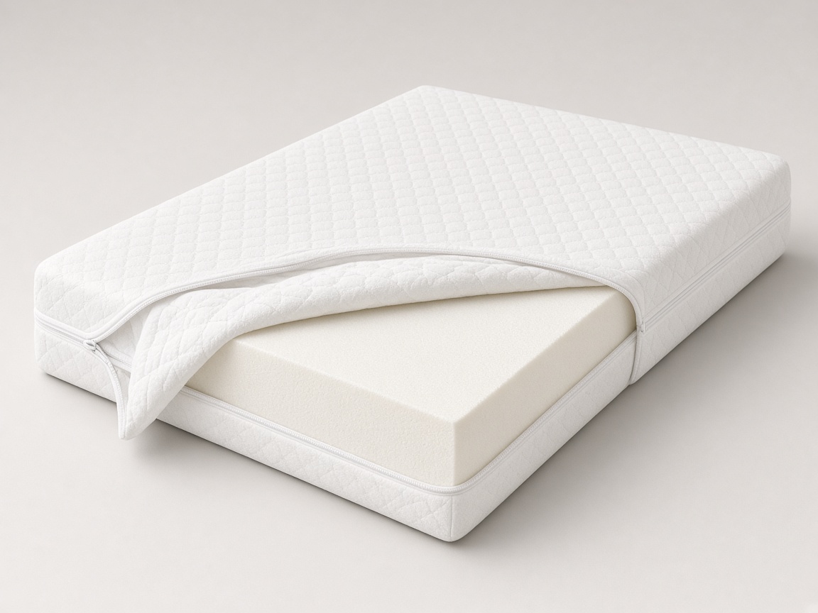 Matelas bébé 60x120 en mousse blanche avec housse matelassée à fermeture éclair entrouverte