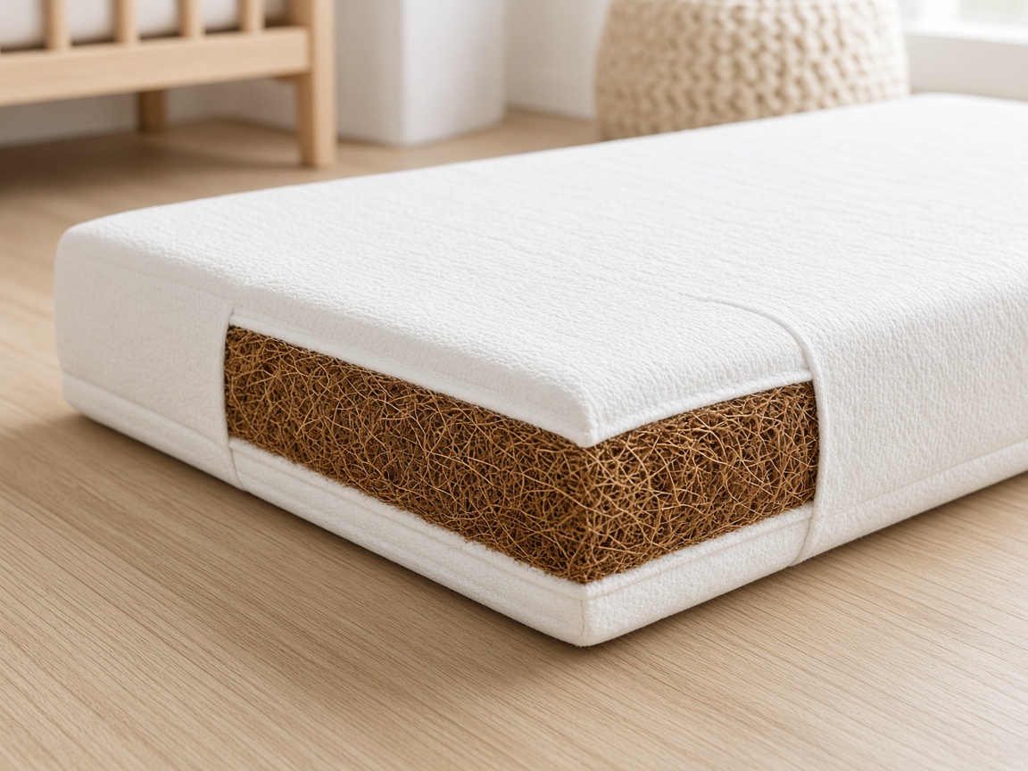 Coupe d’un matelas bébé en fibre de coco marron entre deux couches blanches, posé sur un parquet clair