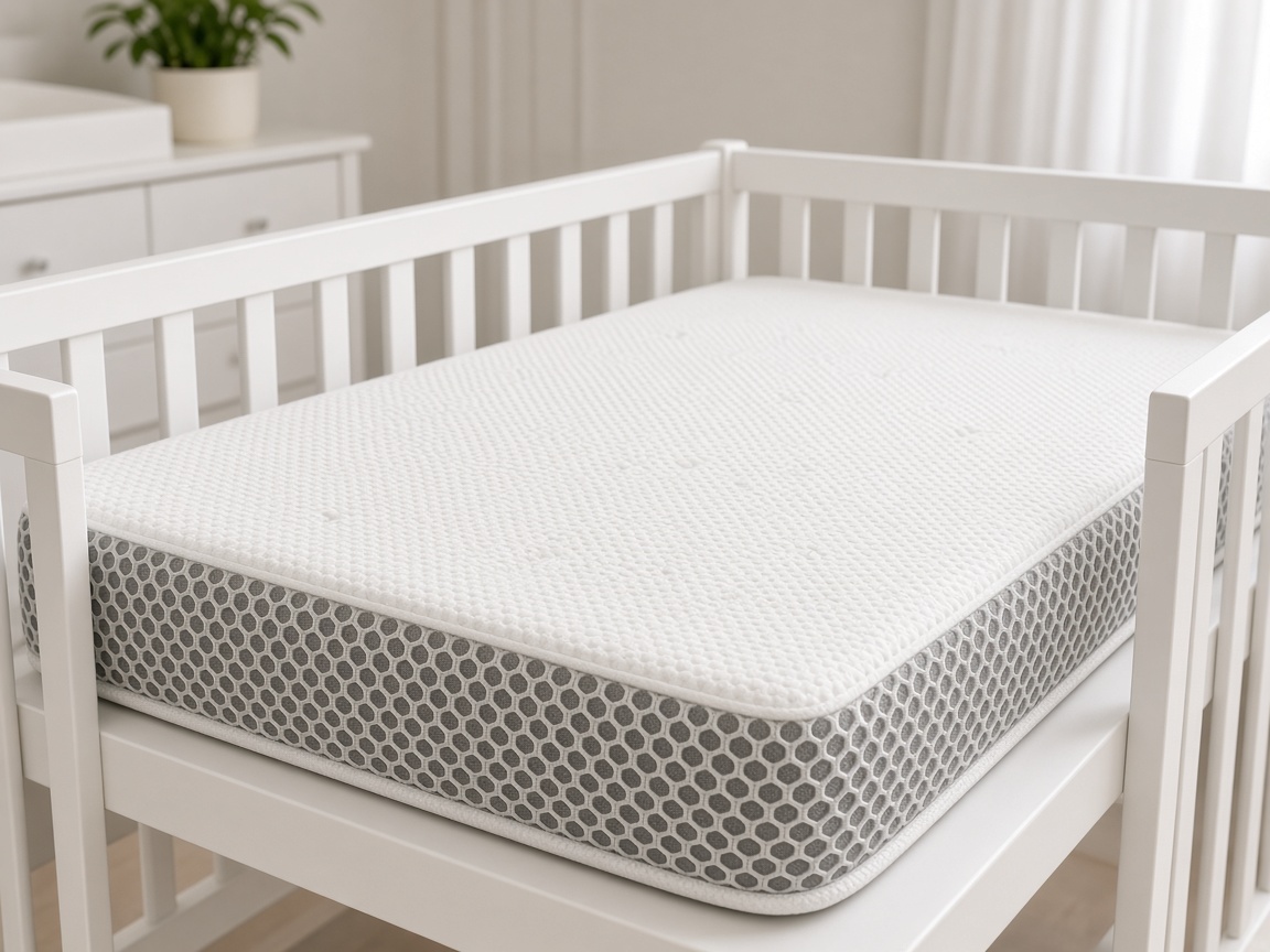 Matelas bébé respirant à bordure en maille 3D nid d’abeille installé dans un lit à barreaux blanc
