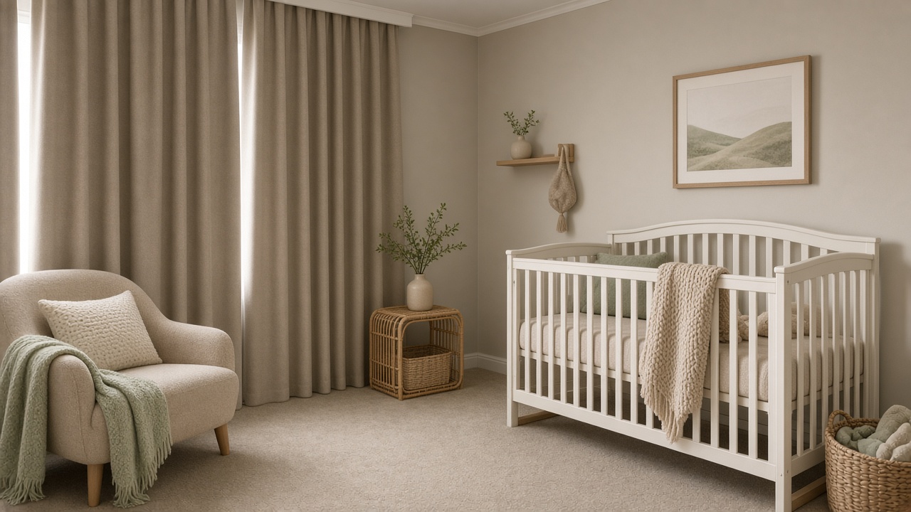 Chambre de bébé apaisante avec rideaux occultants beiges tirés et lit à barreaux blanc