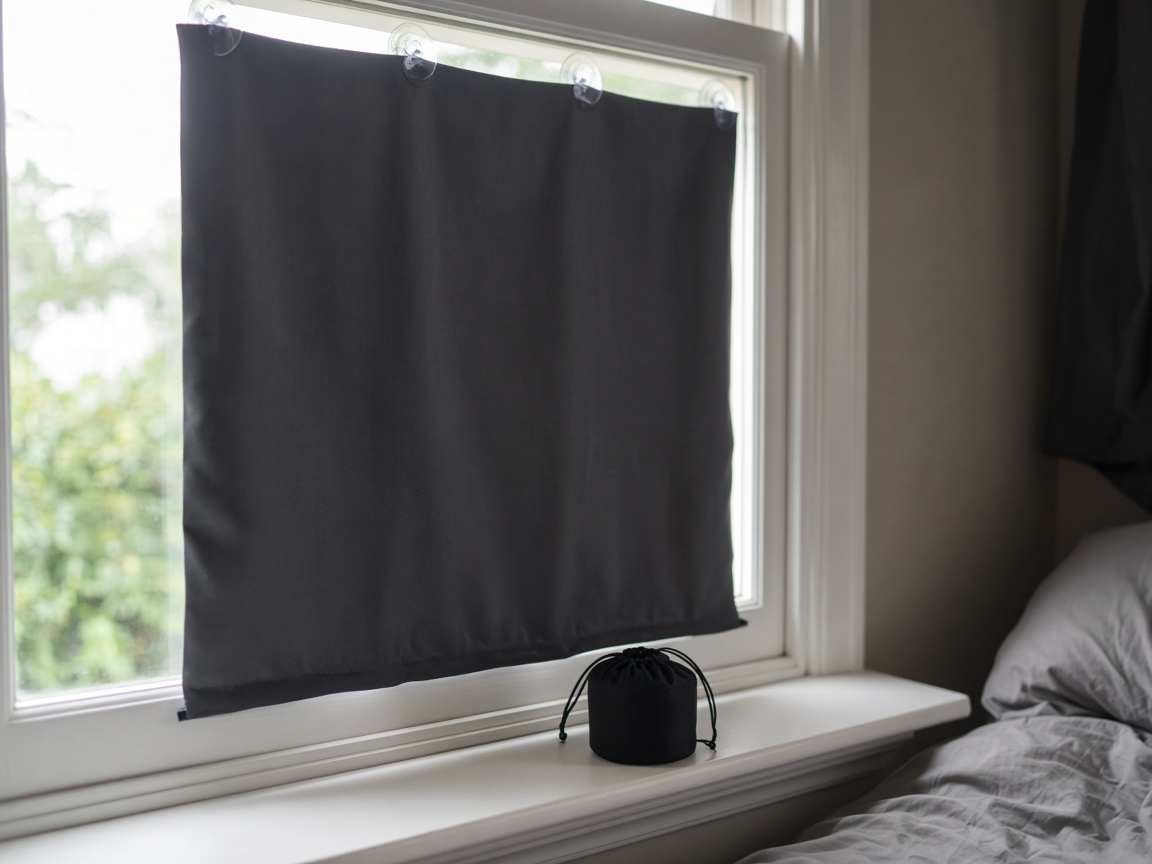 Store occultant noir fixé par ventouses sur une fenêtre de chambre