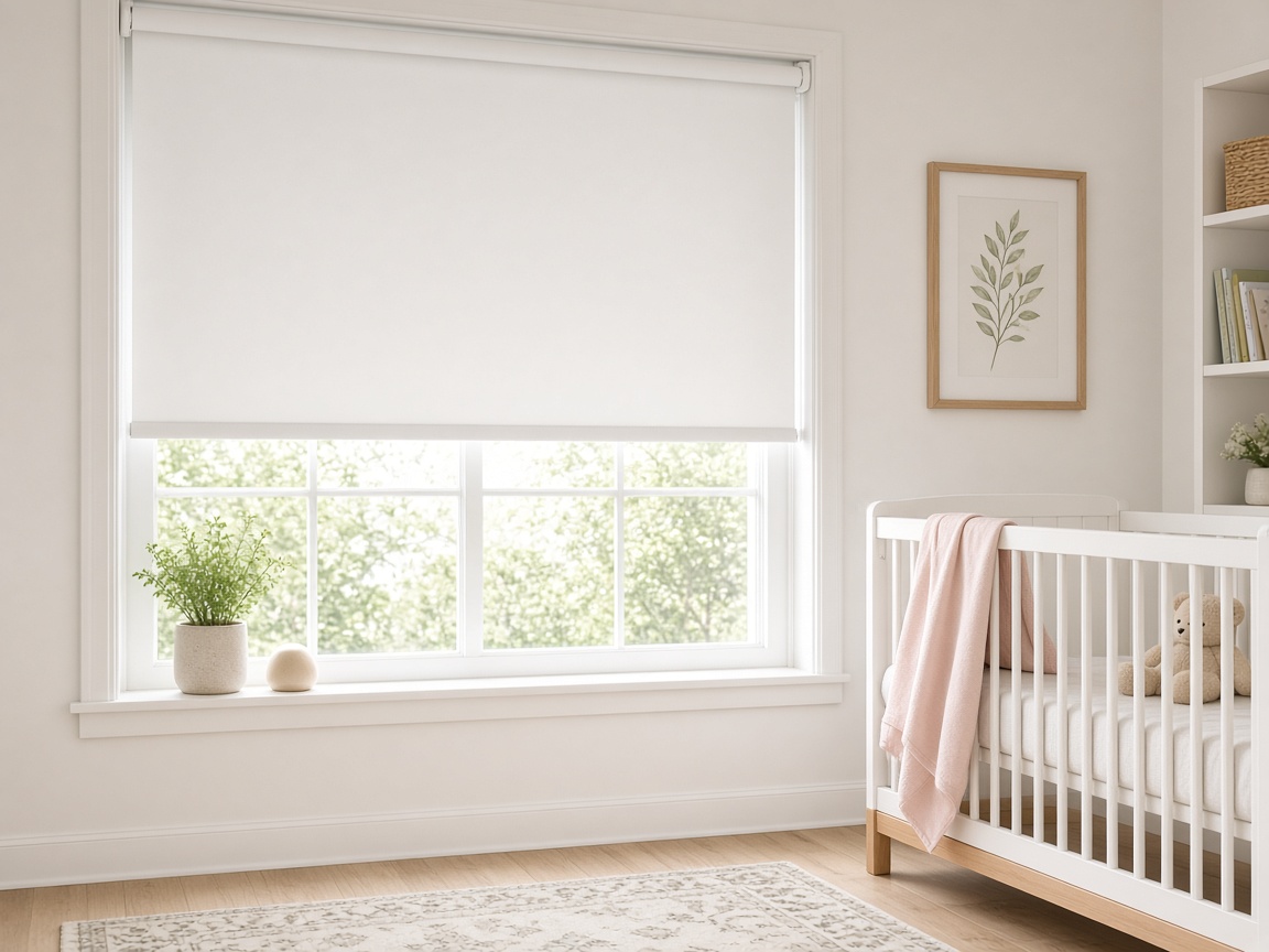 Store enrouleur occultant blanc posé sans perçage dans une chambre de bébé